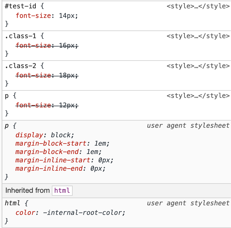 The chrome style inspector showing p, class-1 and class-2 font-size declarations struck through, and the id test-id selector overrides all three regardless of order